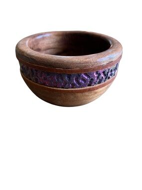 Handcrafted Wooden Bowl Decorative Turned with Textured Band Inlay Purple Accent